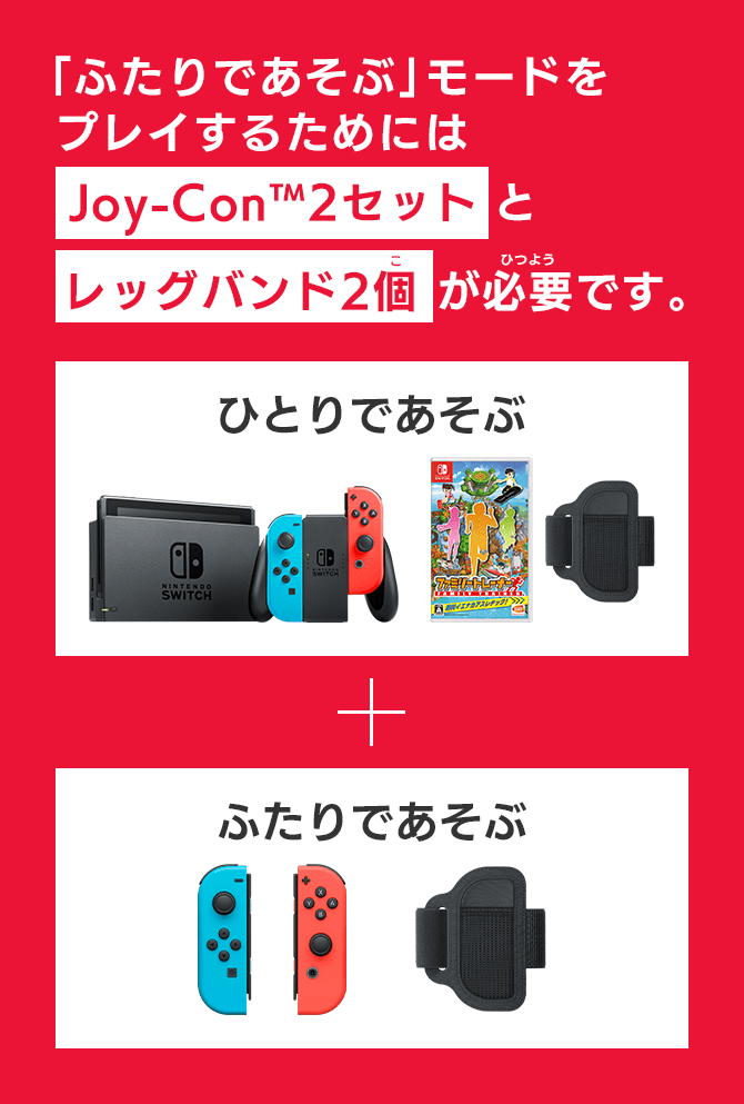 「ふたりであそぶ」モードをプレイするためにはJoy-Con™2セットとレッグバンド2個が必要です。